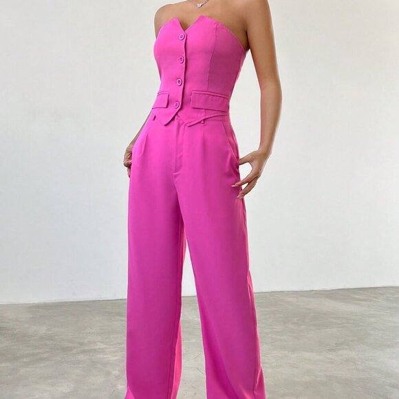 Hot Pink Casual Women's Strapless Button Up Top And Pants Set - Picture 5 of 6